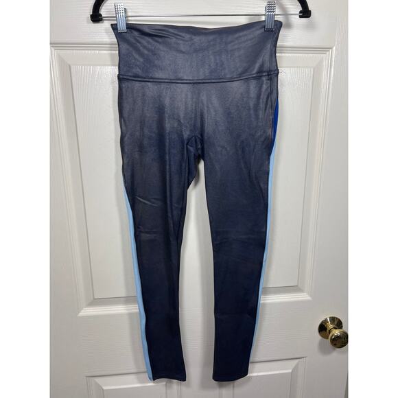 Spanx Faux Vegan Leather High Waist Blue Track Stripe Leggings Women's Small - Picture 2 of 11